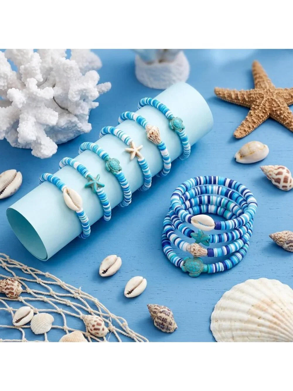 96 Pcs Ocean Beaded Bracelets Set - Polymer Clay Shells, Turtle & Starfish